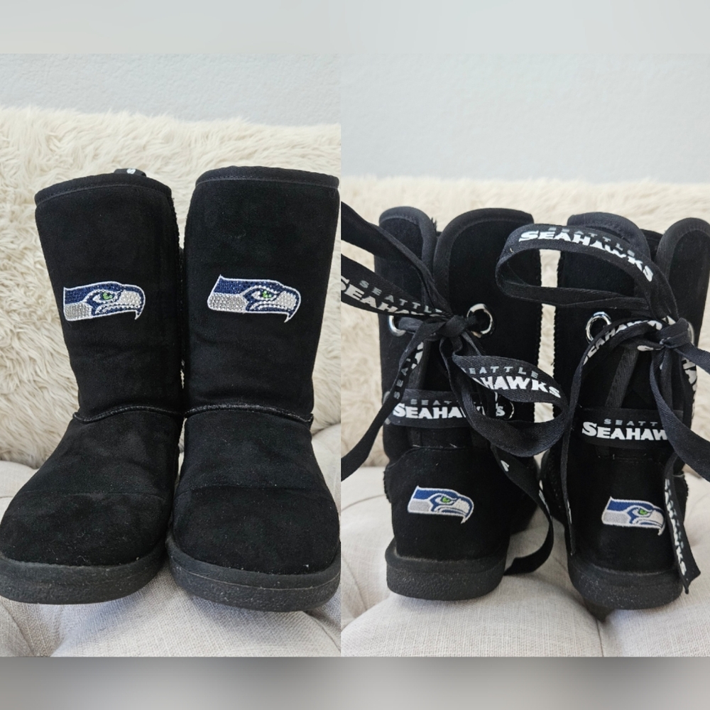 NFL Seattle Seahawks Bling  Cuce Black Faux Fur Boots Sz 8W Superbowl Champs